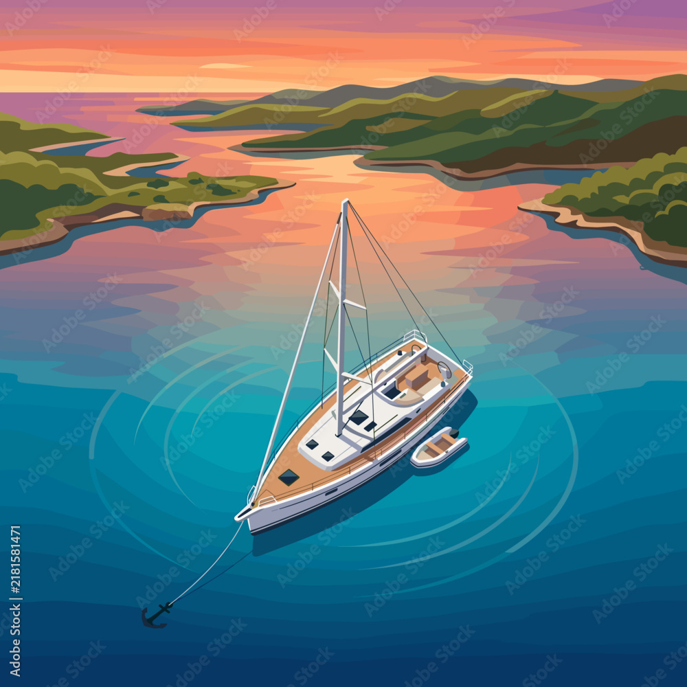 Naklejka premium Vector illustration showing an aerial view of a luxury sailing yacht anchored in a peaceful bay during a vibrant sunset with rolling hills and calm blue coastal waters.