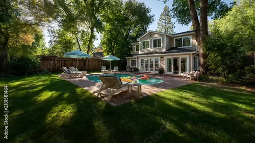 Summer hot vibe lifestyle. A vivid outdoor scene depicts a twostory house with a beige exterior and large glass windows. The house is surrounded by lush greenery, including trees and shrubs.