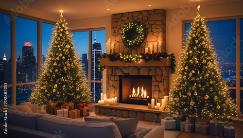 Serene Christmas Eve Scene with City Lights, Festive Decor, and Warm Candlelit Ambience