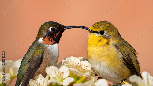 Serene Avian Companionship Shot with Detailed Feathers and Flowers