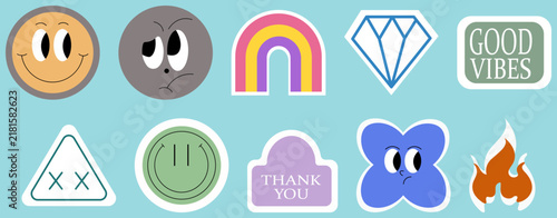 Retro vector sticker set with smiley faces rainbow diamond and icons on blue background