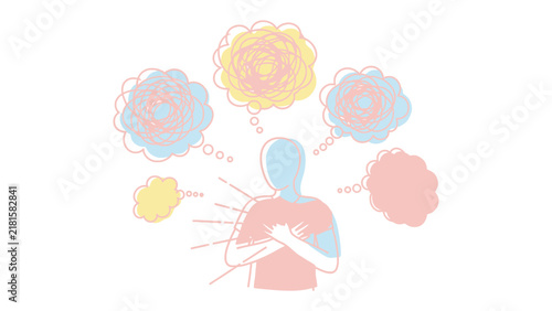 Obraz na płótnie Anxious Thoughts Personified: An illustration depicts a person with their arms crossed over their chest, surrounded by a chaotic swirl of thought bubbles