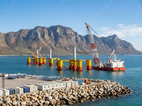 Offshore crane vessel at sea with platform near rocky coast