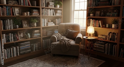 Cozy home library reading nook.