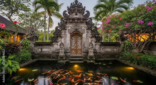 Balinese temple entrance with pond.