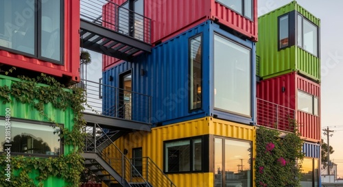 Colorful shipping container homes stacked.