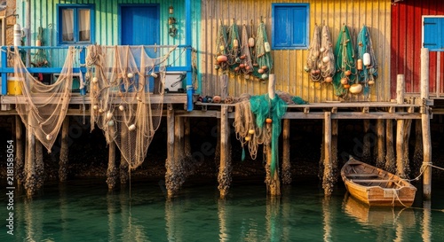 Fishing village pier with boat.
