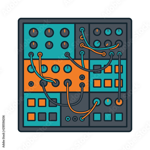 Flat illustration of audio mixing console with colorful knobs buttons and connected cables on teal and orange panels