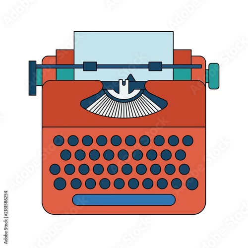 Flat vector illustration of a vintage red typewriter with navy blue round keys and white sheet of paper