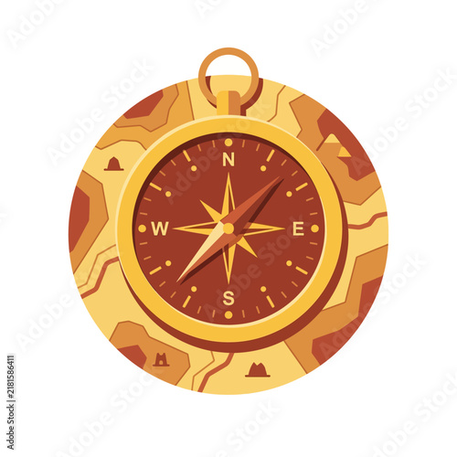 Golden ornate compass with brown face and decorative ring on white background