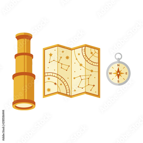 Golden telescope and celestial folded map chart with star constellations on a white background
