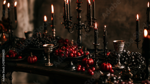 Luxurious Halloween dessert table with black candles and dark fruits