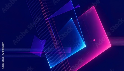 Neon geometric shapes abstract background with glowing squares and lines