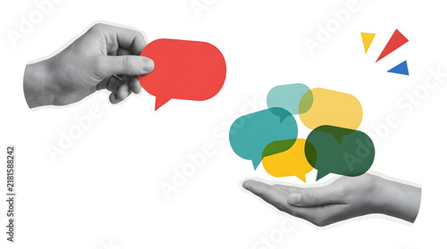 Hands holding colorful speech bubbles for communication and social media dialogue concepts