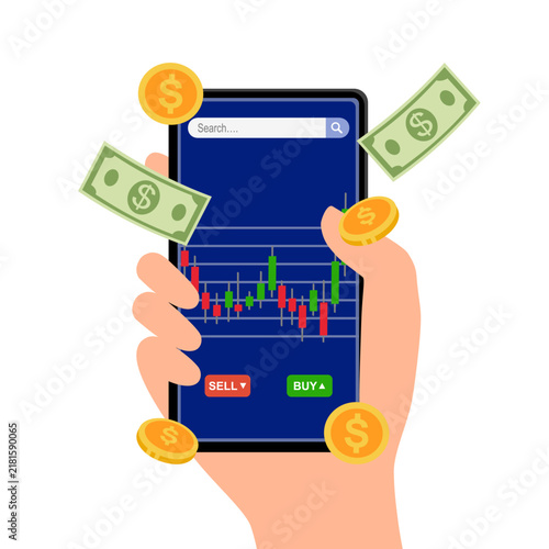 Hand-holding mobile phone with financial app on screen to buy or sell shares of stock market, Profit from currency exchange services, Investment concept, Stock trading strategy