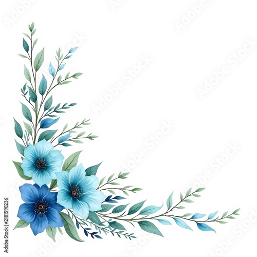 Soft Watercolor Blue Floral Corner Border with Leaves and Flowers