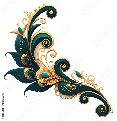Luxury Emerald Green and Gold Peacock Feather Corner Ornament