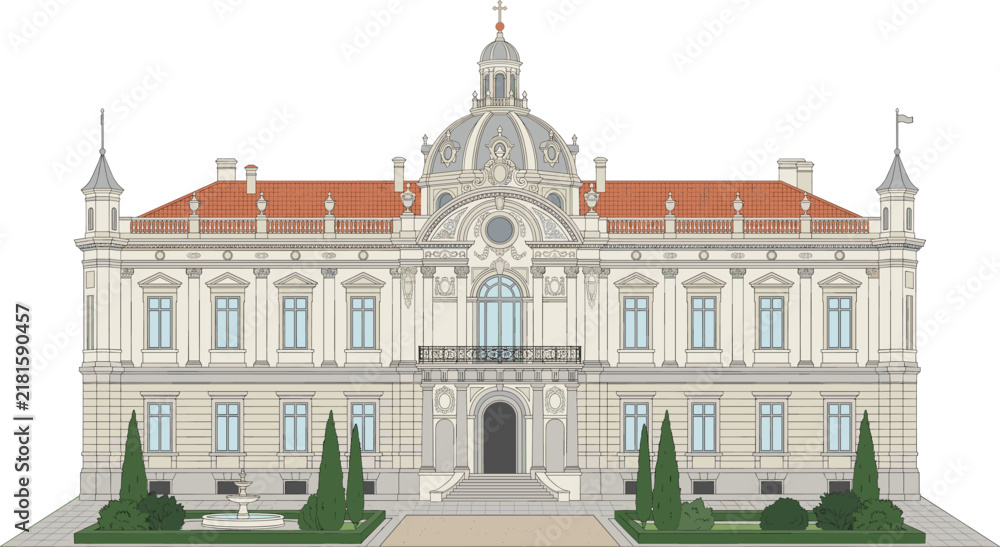 Fototapeta premium Historic European Palace Building with Classical Architecture Front Elevation Vector Illustration