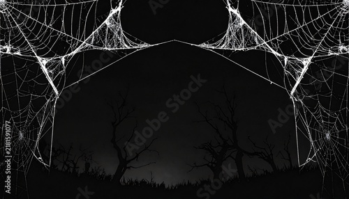 Creepy spider webs isolated on black banner halloween background