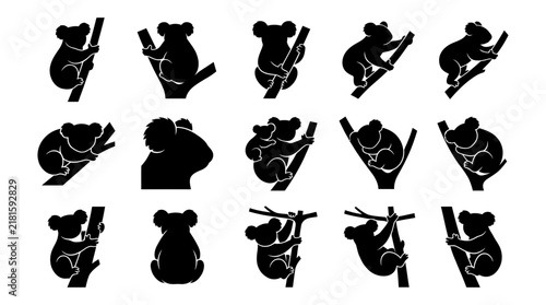 Photography Koala bear silhouettes collection, set of black animal icons on tree branches