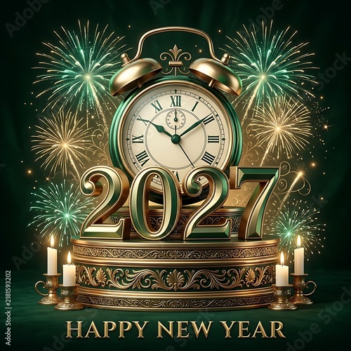 Happy New Year 2027 greeting card with golden clock and fireworks on dark green background