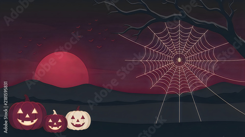 Spooky Halloween night border illustration. Three carved pumpkins and spider web with spooky moon. Red sunset background. Creative space for text design.