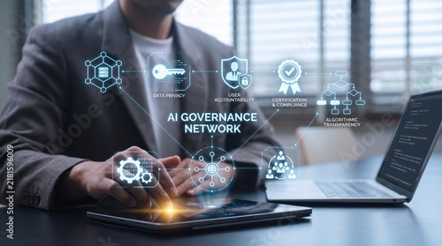 Futuristic AI governance network with businessman interacting with holographic interface icons, data privacy, user accountability, algorithmic transparency, cybersecurity