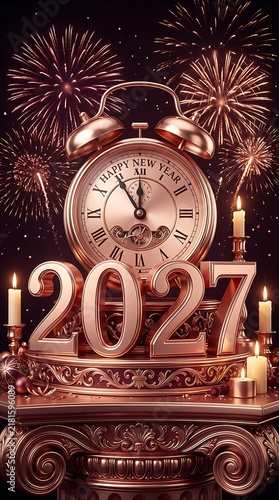 New Year 2027 celebration with vintage alarm clock and fireworks background