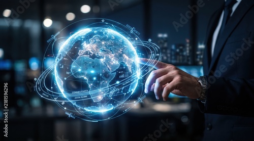 Global connectivity digital earth network with glowing blue lines, businessman touching virtual globe showing data flow and satellite connections, international communication