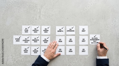 Strategic business roadmap timeline planning with cards on concrete wall, project management schedule from start to goal achievement, quarterly milestones for growth and expansion