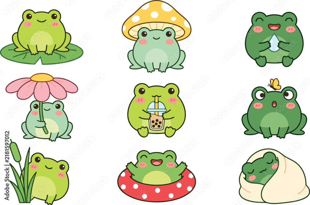 Fototapeta premium Cute Kawaii Frog Character Collection, Adorable Frogs with Mushrooms, Flowers, Berries and Nature Elements Cartoon Vector Set