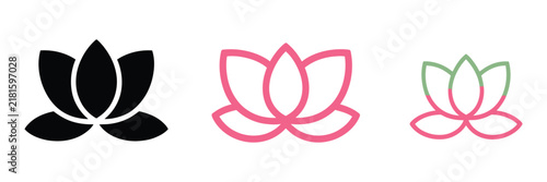 Lotus flower icon set featuring lotus blossom symbols in outline, solid, and color styles for yoga, meditation, spirituality, and wellness