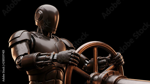 Medium close up of dark humanoid robot turning circular industrial metal valve wheel on pitch black background with rim lighting for bandwidth regulation pipeline control and data flow rate concept