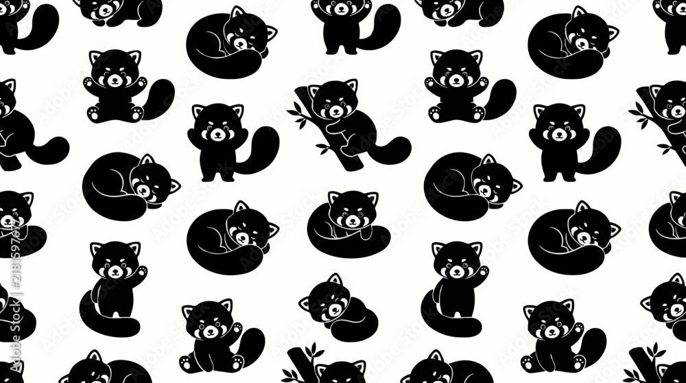 Obraz premium Cute seamless vector pattern with black silhouettes of red pandas climbing, resting, and waving on a white background. Perfect for wildlife conservation, baby textiles, and nursery decor.