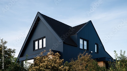 Contemporary dark blue gabled residential house exterior with vertical wood siding and clean angular roof lines against light blue sky