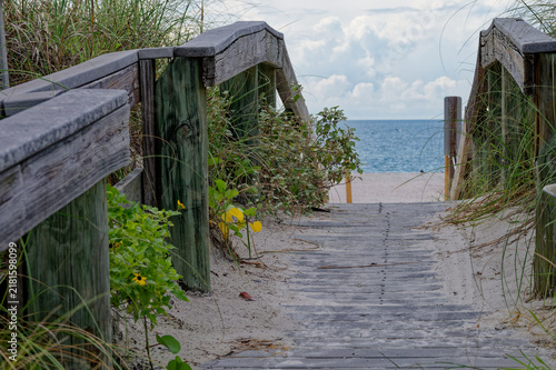 Fotografie Weathered wooden boardwalk winds through grassy dunes and coastal plants toward a calm sandy beach and distant ocean horizon, evoking relaxation, escape, and seaside summer atmosphere