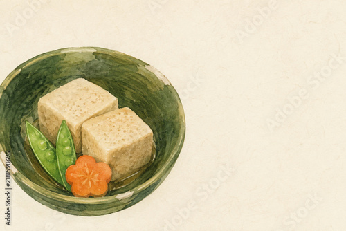 Simmered koya dofu freeze dried tofu in green oribe bowl, Japanese shojin ryori watercolor illustration with copy space