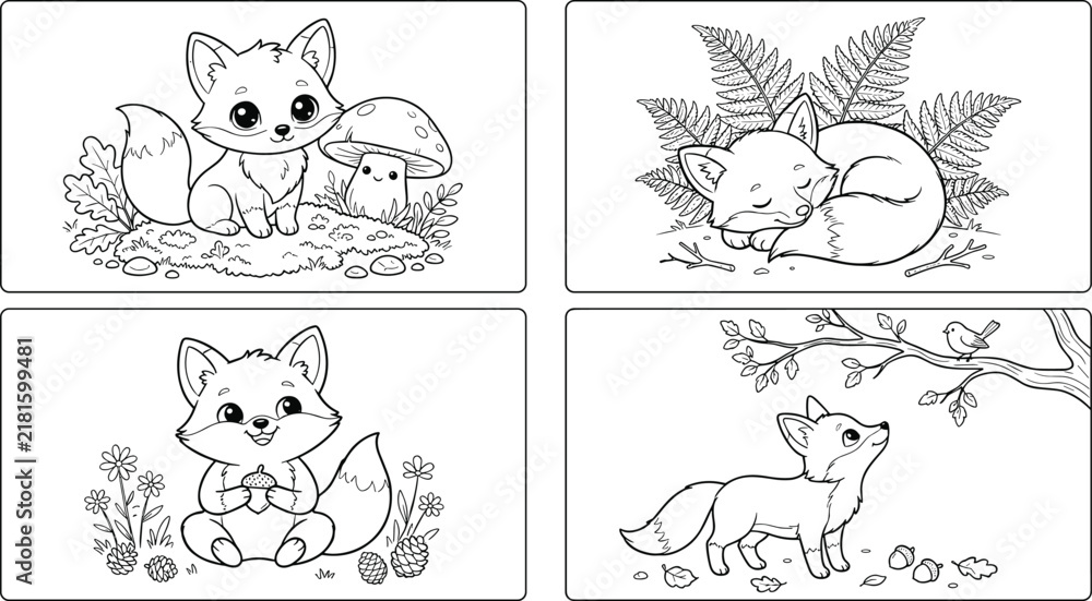 Obraz premium Cute Fox Coloring Page Illustration Set with Woodland Foxes, Mushrooms, Ferns, Flowers, Forest Plants, Acorns, Branches, and Nature Scenes