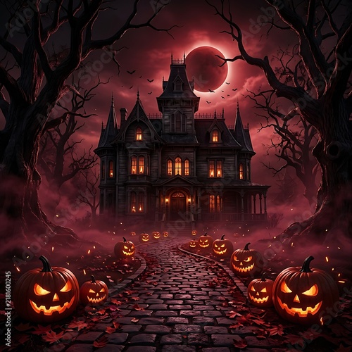 Spooky Victorian mansion at night with glowing jack-o-lanterns and red full moon background