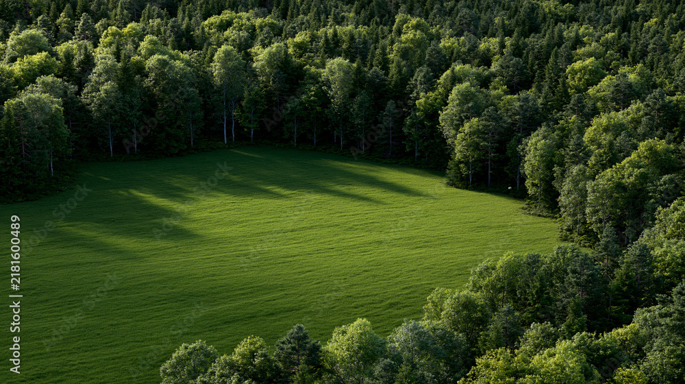 Obraz premium Elegant photo of Aerial view of a vibrant green meadow nestled within a dense forest at sunset. Perfect for environmental conservation and nature travel concepts.