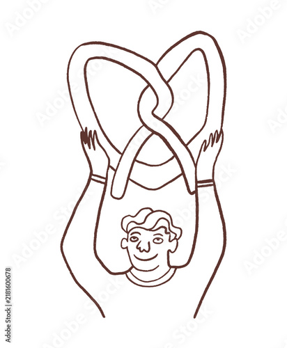 Man is holding a big pretzel
