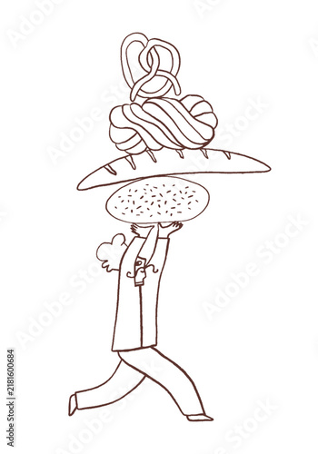 Man chef is carrying a large pile of bread