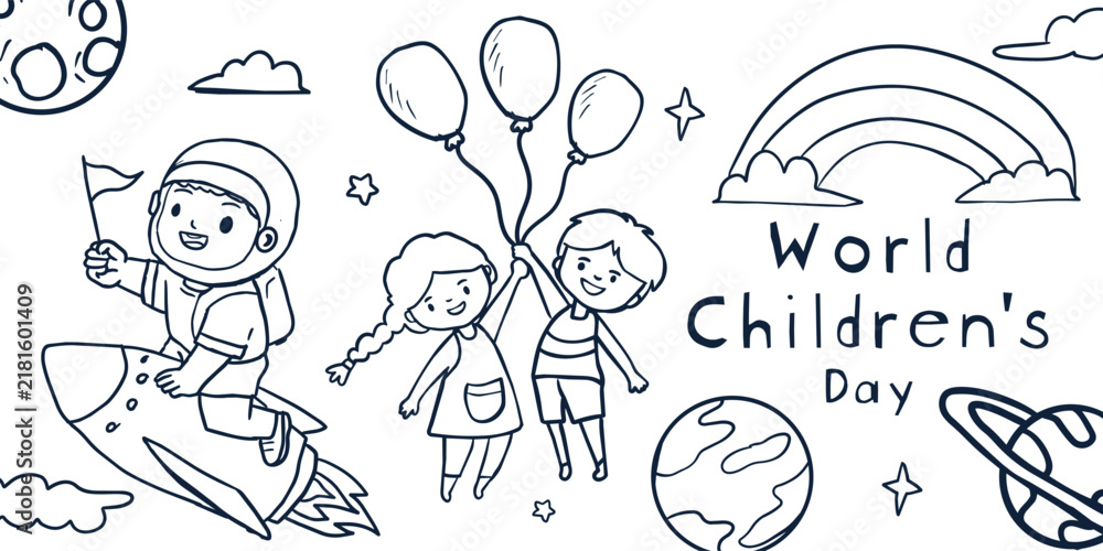 Fototapeta premium World Childrens Day Coloring Page Horizontal Banner Doodle
