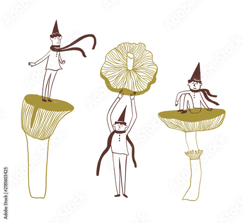 Autumn set of funny gnome character and mushrooms