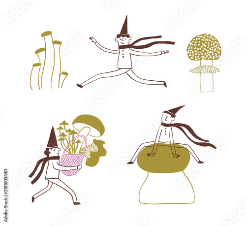 Autumn set of funny gnome character and mushrooms