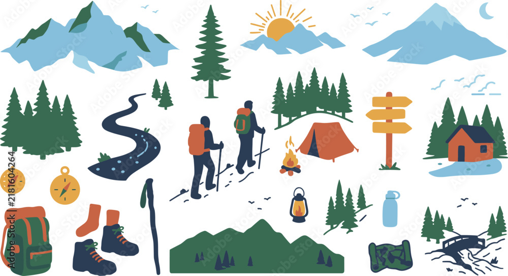 Fototapeta premium Outdoor Hiking Adventure Illustration with Mountains, Forest, Camping, Backpackers and Scenic Nature Landscape
