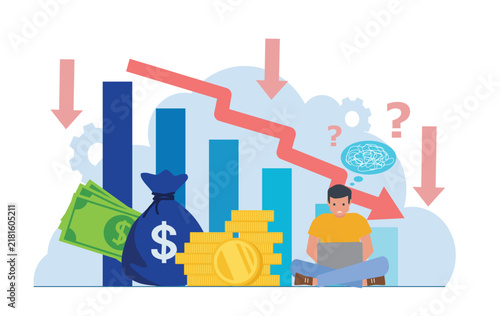 man analyzing decline in financial, loss or profit reduction, investment forecast of economic recession, negative return, price drop or financial downturn concept