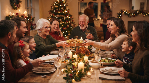 Joyful multigenerational family sharing roasted chicken dinner at christmas table.