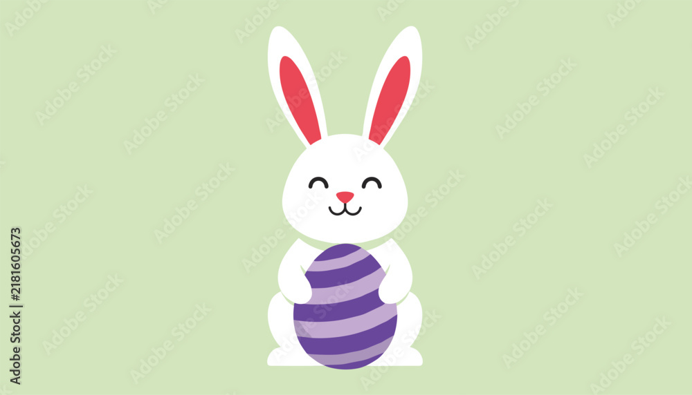 Fototapeta premium Adorable white cartoon bunny sitting and holding a colorful striped purple Easter egg on a green background.