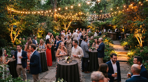 Socializing guests enjoying drinks during outdoor evening garden party event scene.